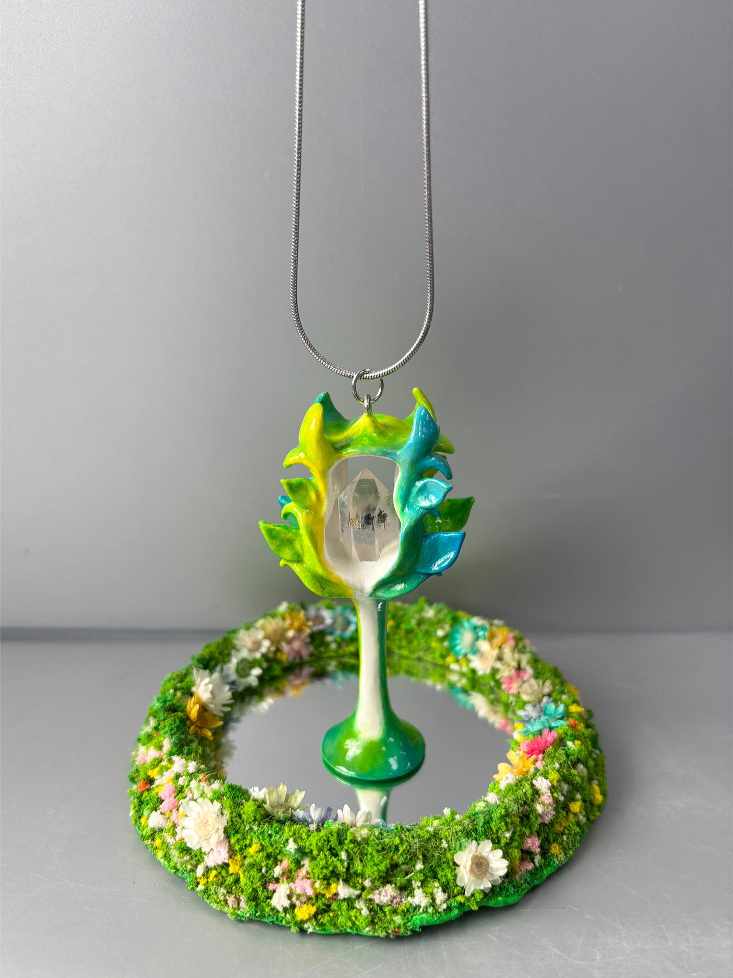Forest Wand Crystal Pendant - The Sylvan Scepter - Handmade Crystal Pendant Necklace, clear quartz Herkimer diamond, fantasy Jewelry Gift