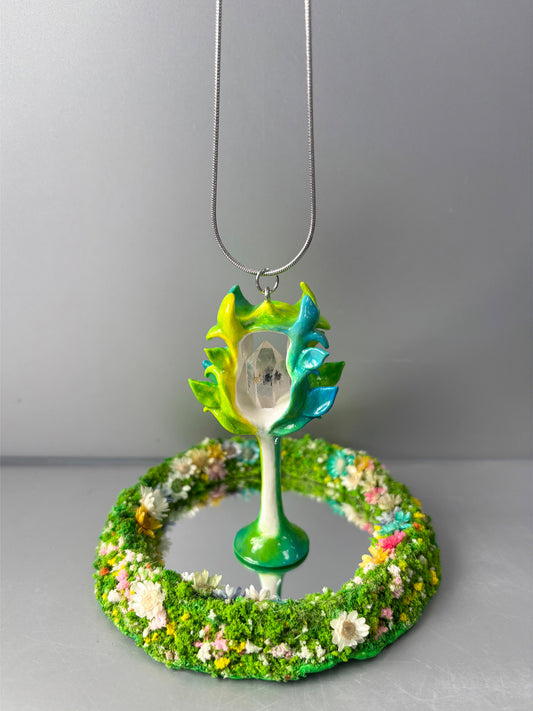 Forest Wand Crystal Pendant - The Sylvan Scepter - Handmade Crystal Pendant Necklace, clear quartz Herkimer diamond, fantasy Jewelry Gift