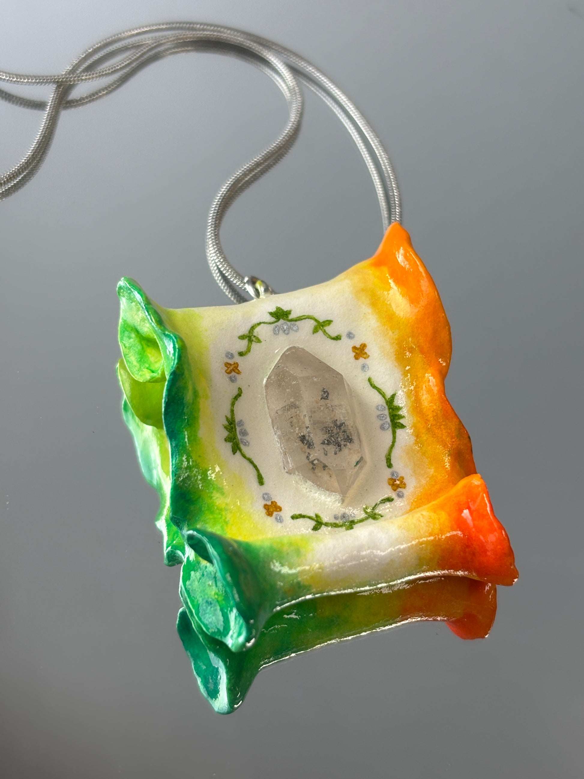 Magic Scroll Crystal Pendant - Sunfall Codex - Handmade Crystal Pendant Necklace, clear quartz Herkimer diamond, mystical Jewelry Gift