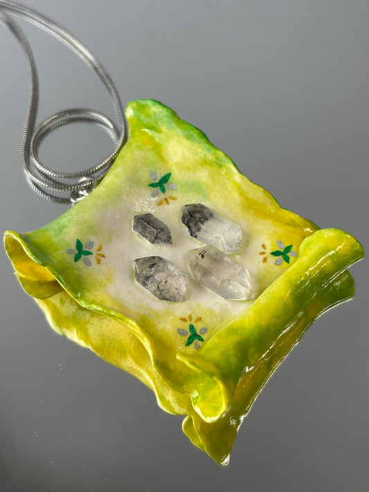 Magic Scroll Crystal Pendant - Solaris Scroll - Handmade Crystal Pendant Necklace, clear quartz Herkimer diamond, fantasy Jewelry Gift