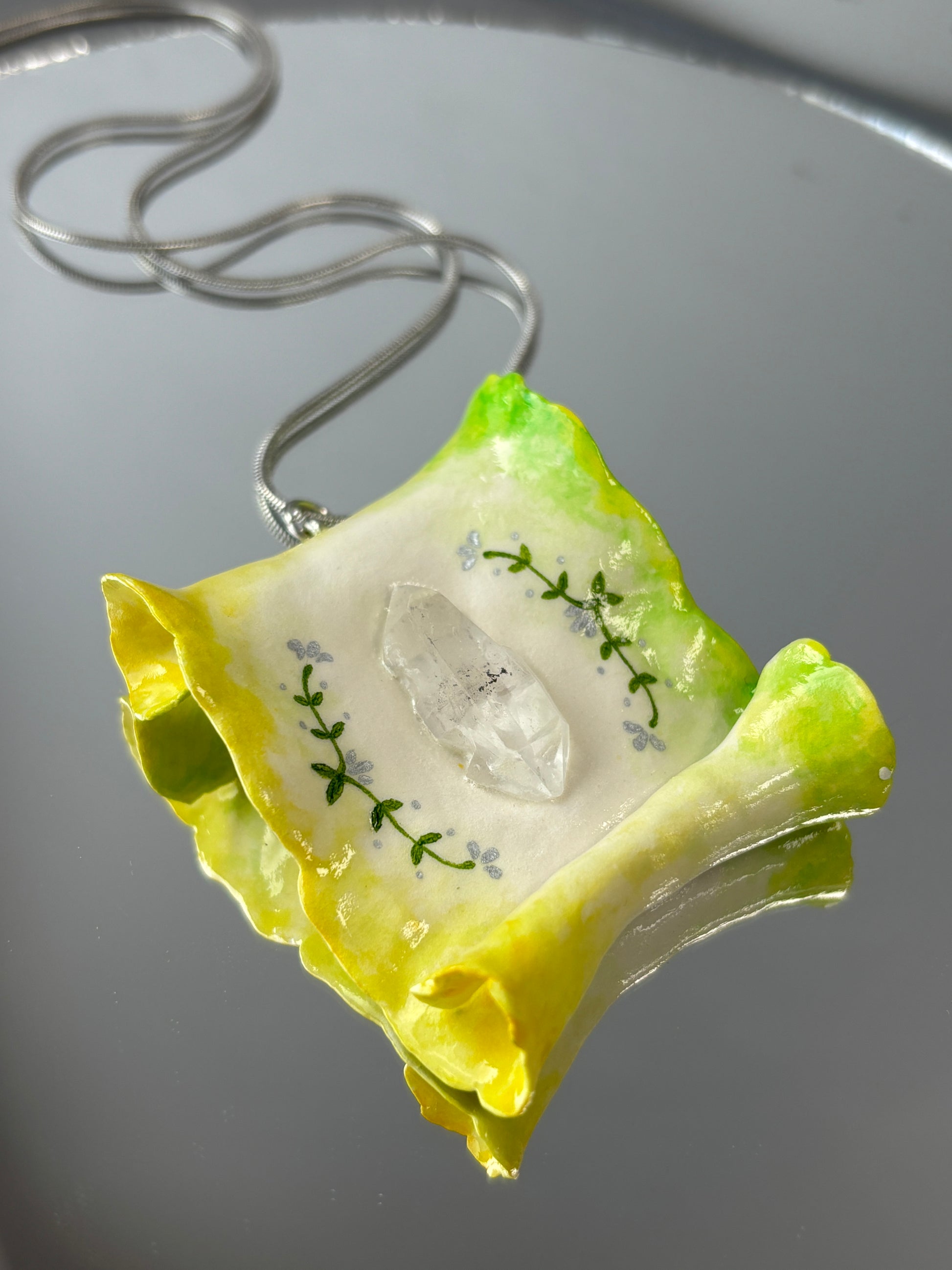 Magic Scroll Crystal Pendant - Feywood Scroll - Handmade Crystal Pendant Necklace, clear quartz Herkimer diamond, fantasy Jewelry Gift
