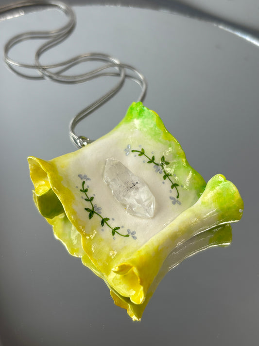 Magic Scroll Crystal Pendant - Feywood Scroll - Handmade Crystal Pendant Necklace, clear quartz Herkimer diamond, fantasy Jewelry Gift