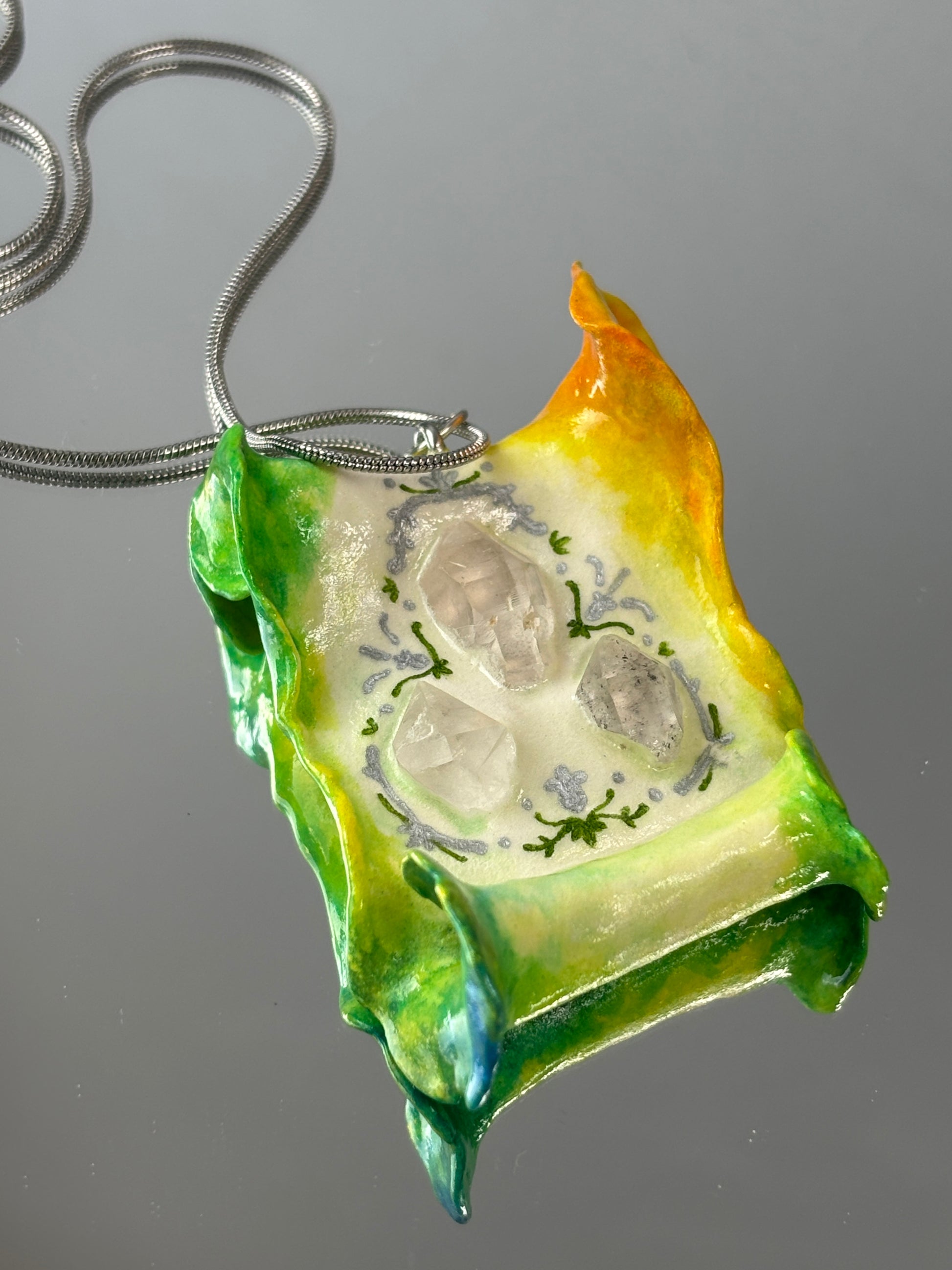 Magic Scroll Crystal Pendant - The Solstice Script - Handmade Crystal Pendant Necklace, clear quartz Herkimer diamond, fantasy Jewelry Gift