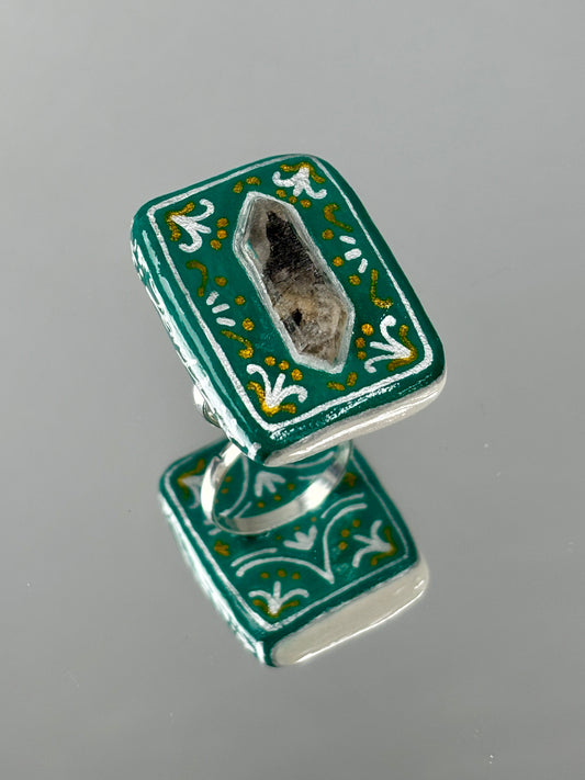Fingertip Spellbook Crystal Ring - The Verdant Epistle - Handmade Crystal Jewelry, Herkimer diamond stone clay, fantasy Jewelry Gift