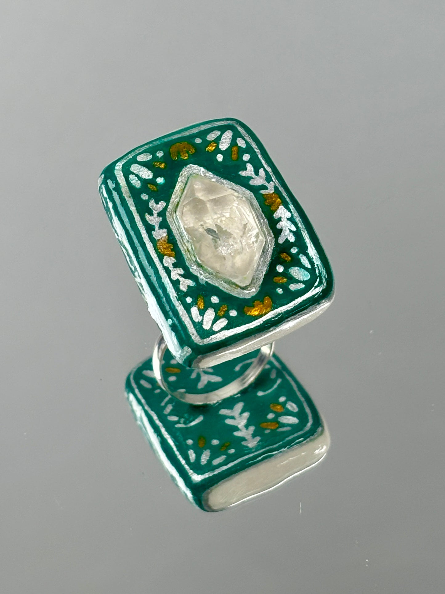 Fingertip Spellbook Crystal Ring - The Sylvan Codex - Handmade Crystal Jewelry, Herkimer diamond stone clay, mystical Jewelry Gift