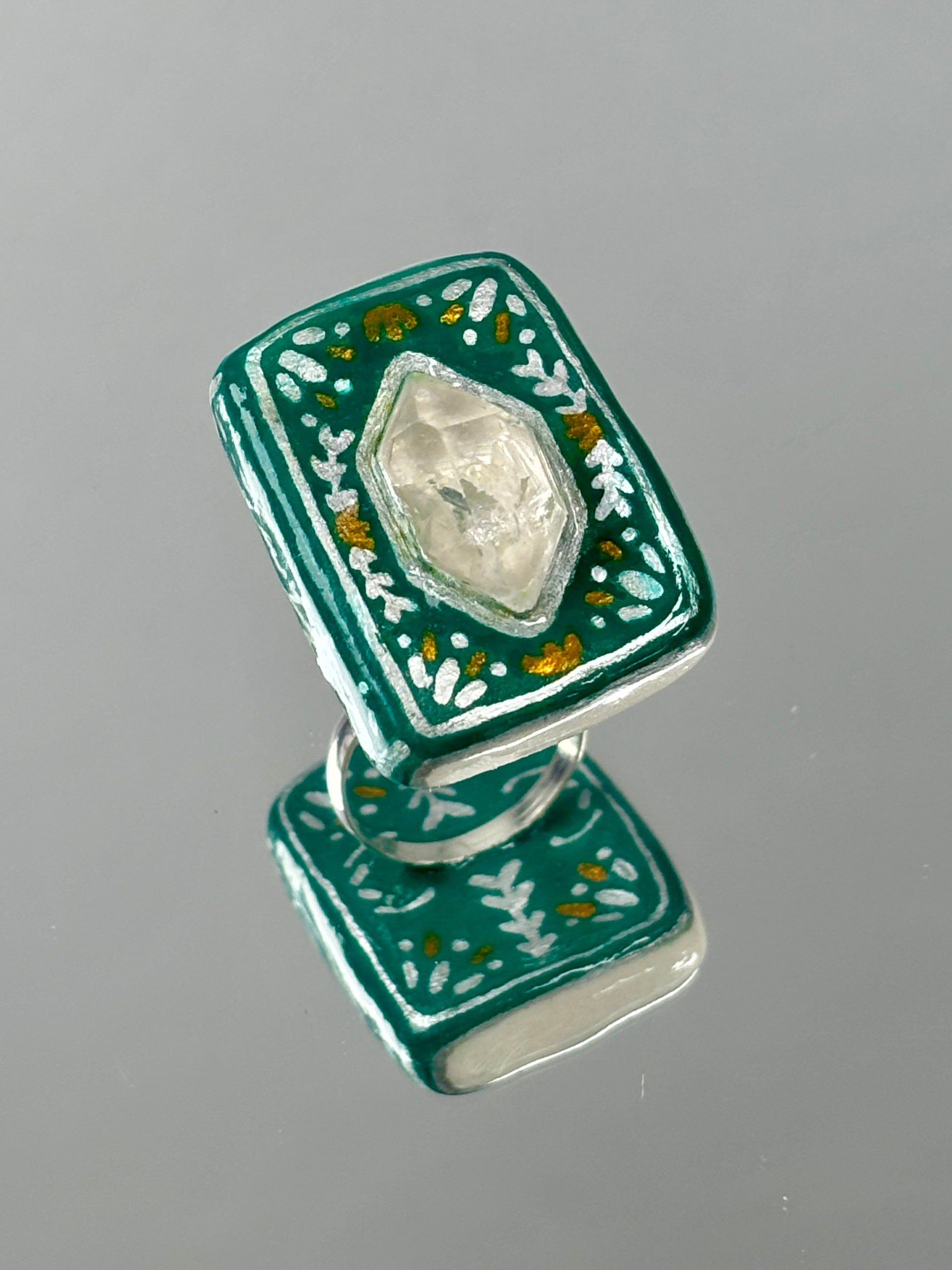 Fingertip Spellbook Crystal Ring - The Sylvan Codex - Handmade Crystal Jewelry, Herkimer diamond stone clay, mystical Jewelry Gift