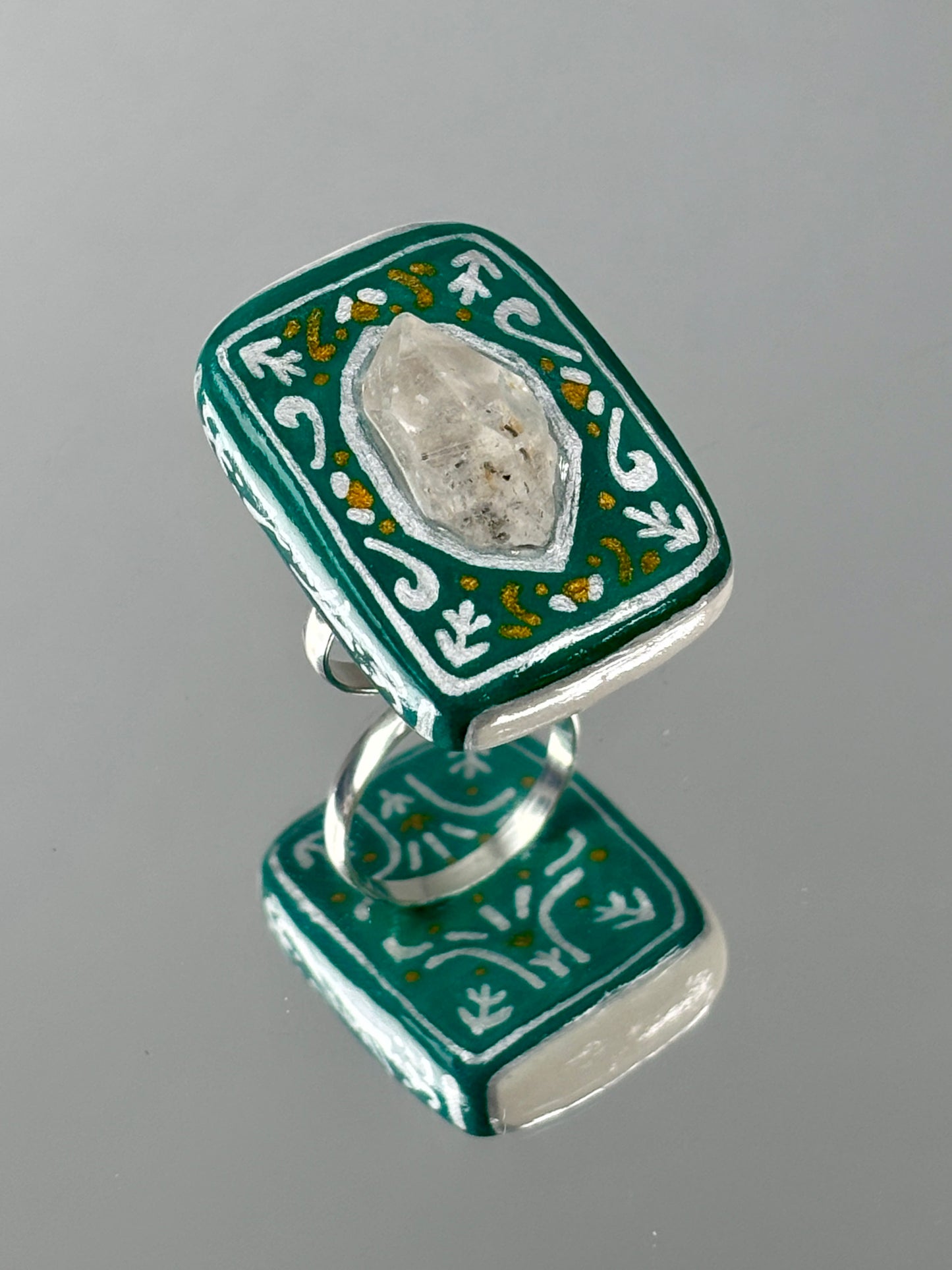 Fingertip Spellbook Crystal Ring - Wandering Verse - Handmade Crystal Jewelry, Herkimer diamond stone clay, fantasy Jewelry Gift