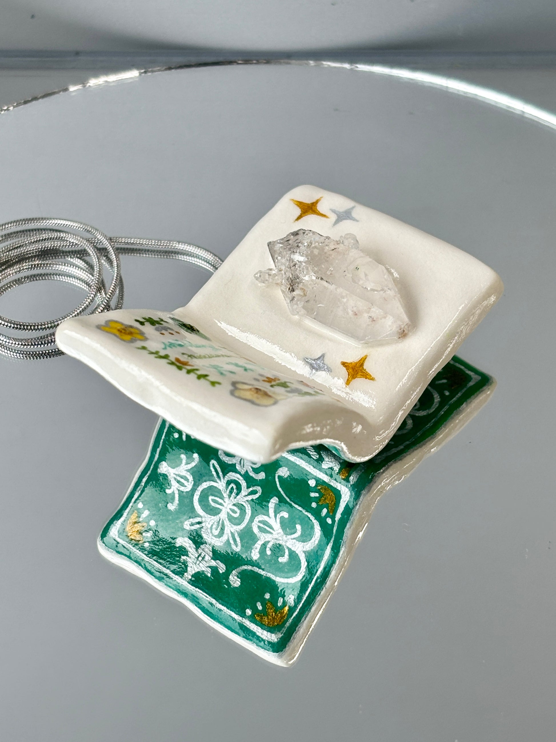 Garden Spellbook Crystal Pendant - Bloom-Bound Grimoire - Handmade Crystal Pendant Necklace, clear quartz Herkimer diamond, botanical, mystical Jewelry Gift