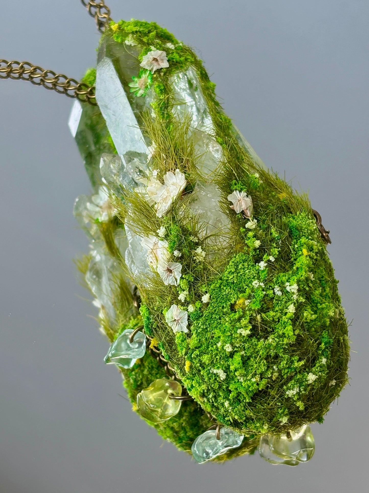 Moonlight Myth Crystal Garden - Hidden Moss Secret - Handmade Crystal Pendant Necklace, clear quartz, botanical Jewelry Gift