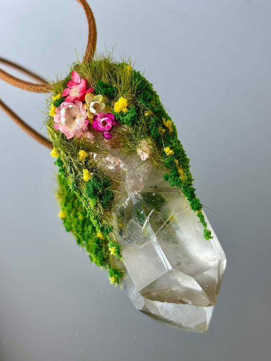Moonlight Myth Crystal Garden - Eternal Meadow Secret - Handmade Crystal Pendant Necklace, clear quartz, botanical Jewelry Gift