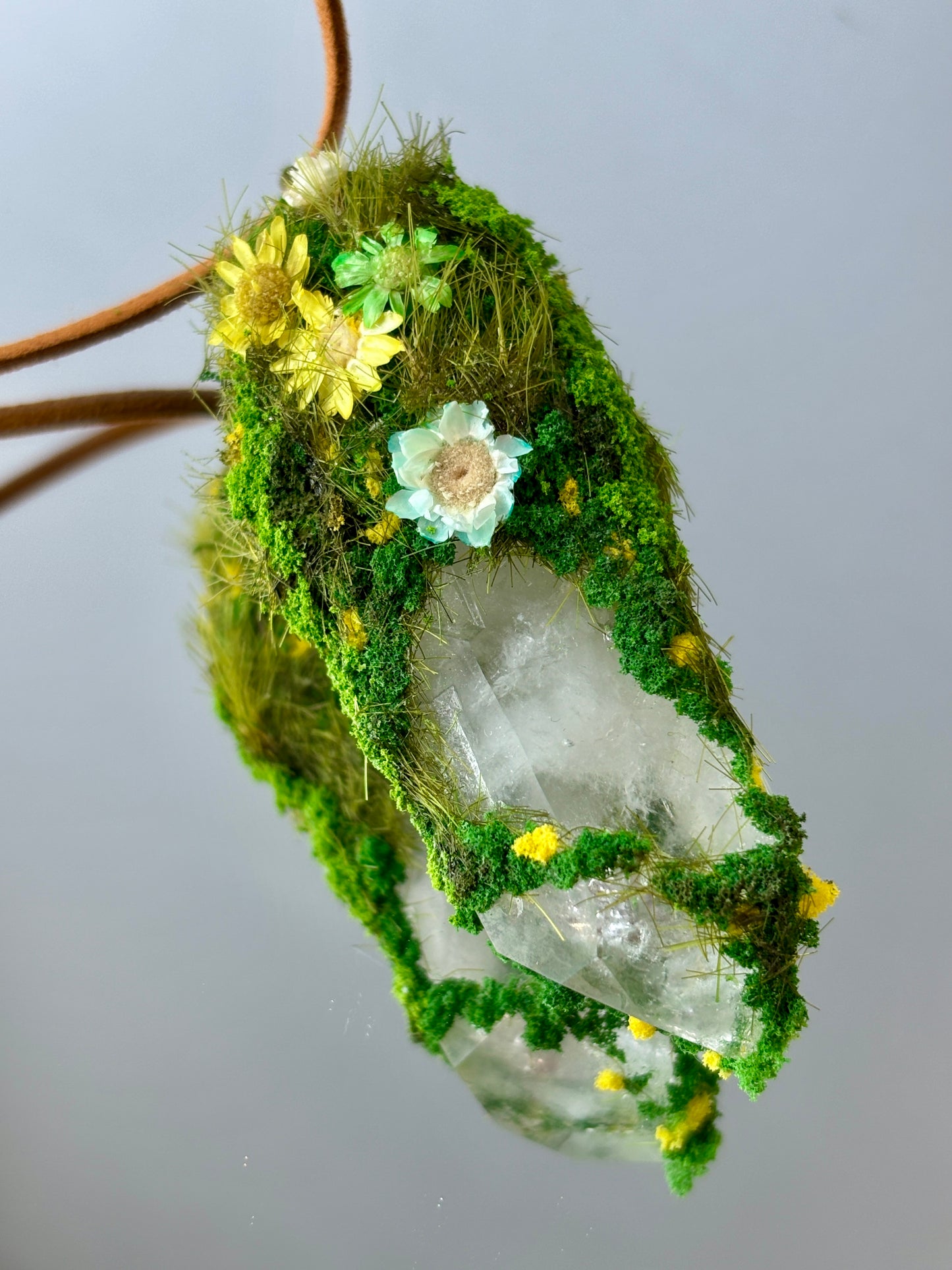 Moonlight Myth Crystal Garden - Mossy Morning Dew - Handmade Crystal Pendant Necklace, clear quartz, botanical Jewelry Gift